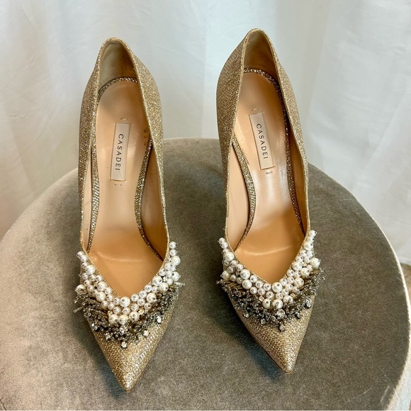 Casadei gold glitter stiletto blade high heel pumps 10 pearl beads rhinestones - Picture 5 of 11